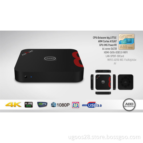 Newest Allwinner A80 Octa Core 2GB/16GB H. 265 Android 4.4 Xbmc TV Box with Bluetooth, WiFi